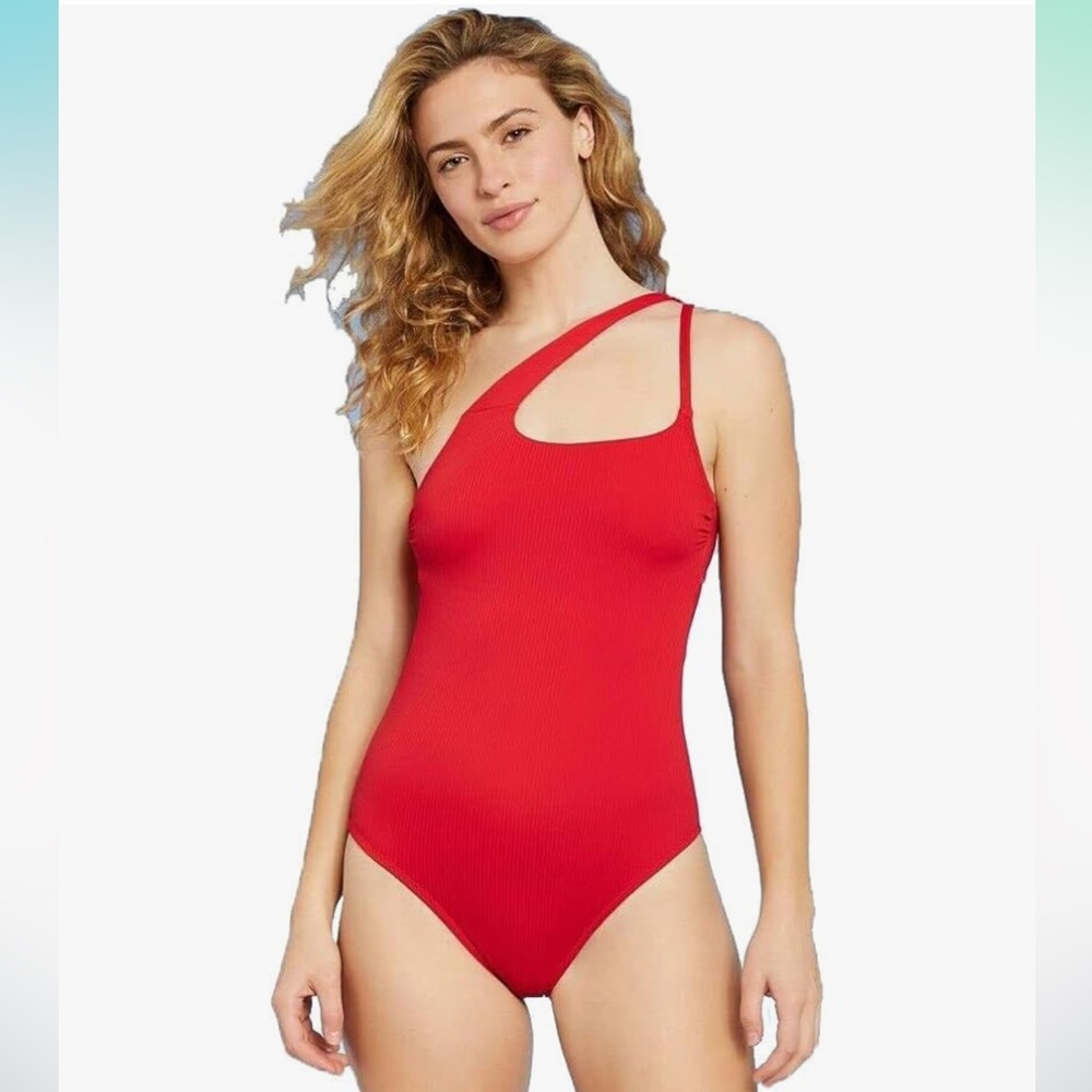 Shade & Shore Red Ribbed Asymmetrical One Shoulder Swimsuit Size Medium
